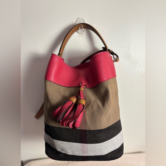 Burberry Red & Brown Ashby Bucket Bag w/ Tassel Detail & Matching Cosmetic Pouch - Picture 1 of 12